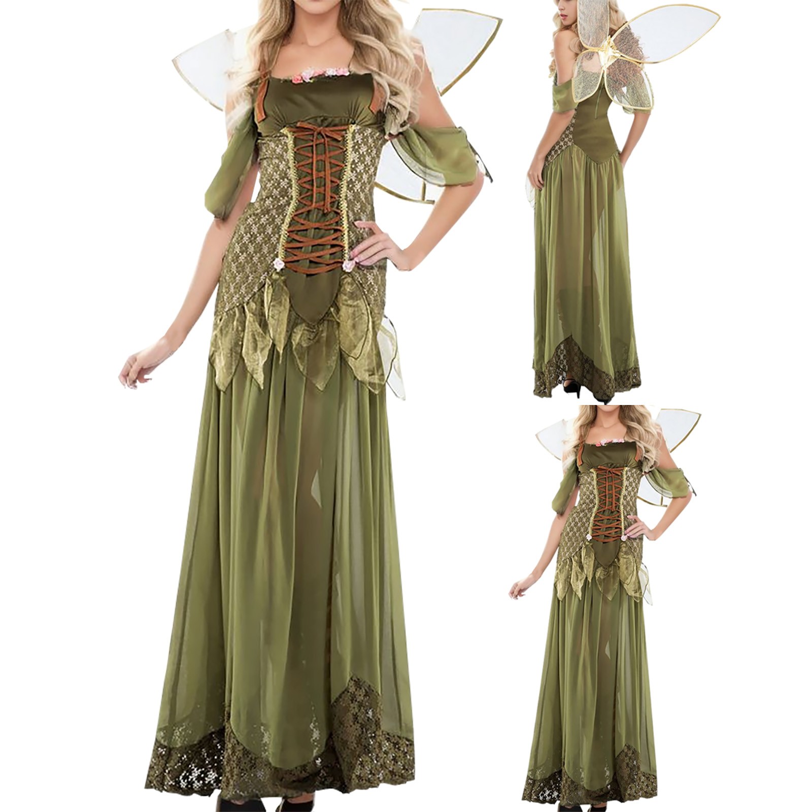 Searchwombat formal dressesHalloween Cosplay Green Fairy Wing Headwear Costume Set Dresses For Women Elegant Enchanting Short Sleeve Long Dress Vestido