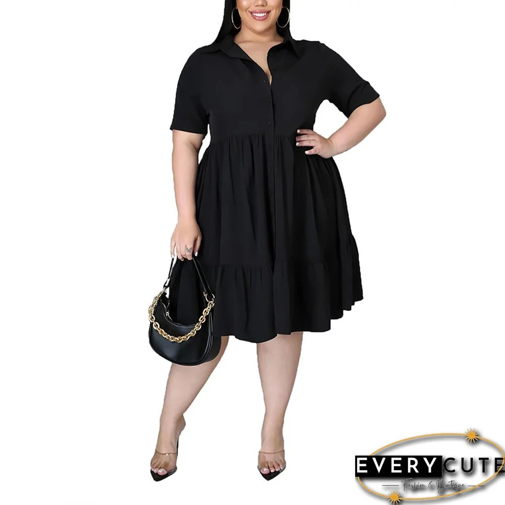 Black Button Down Short Sleeve Plus Size Shirt Dress