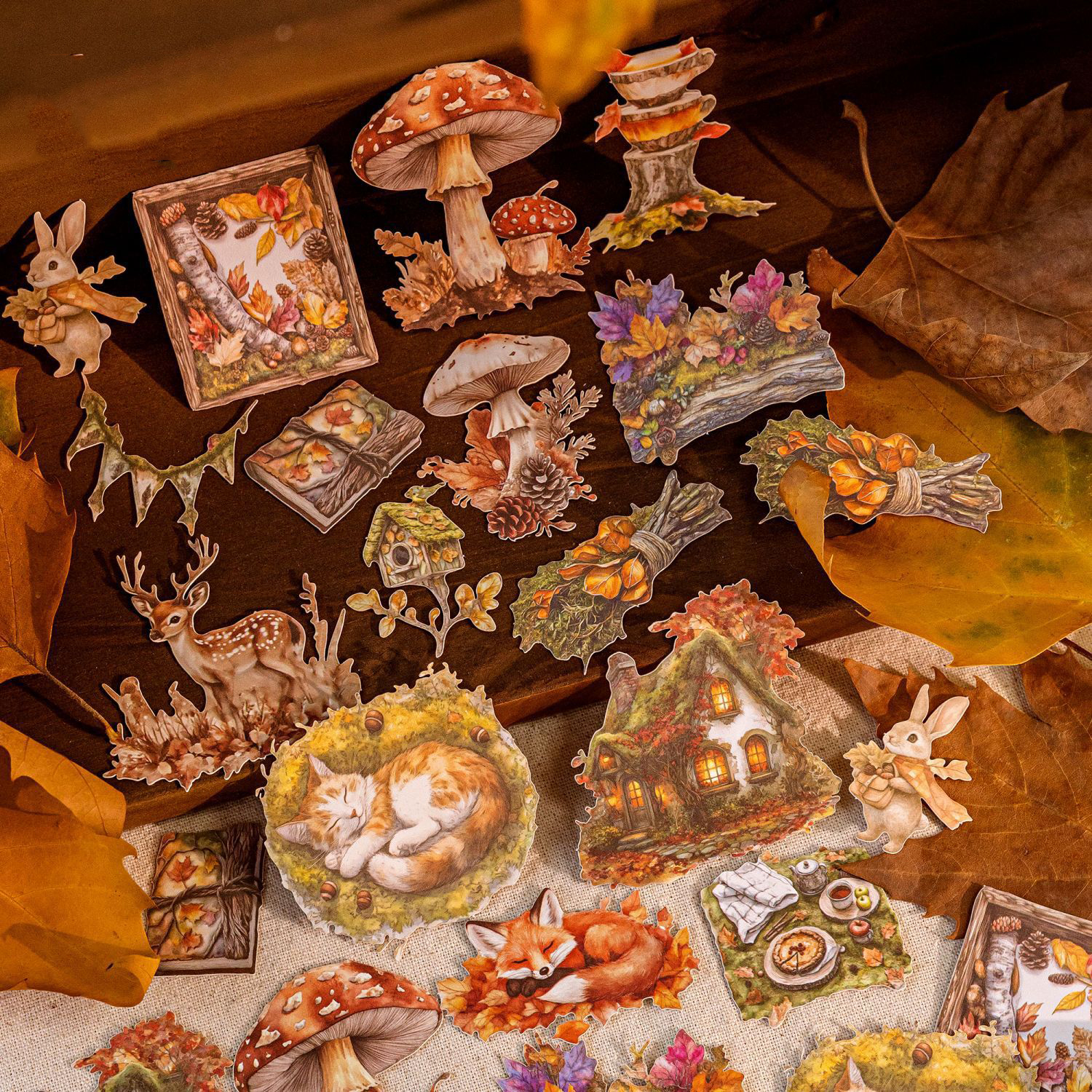 스티커 - 가을 노트 시리즈 빈티지 숲 동물 꽃 나비