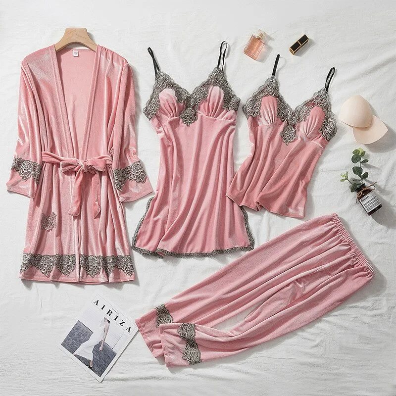 Velvet Women Sleepwear Pajamas Four-Piece Set  Lace Trim Bathrobe Trouser Suits Autumn Winter Velour Home Clothes Loungewear