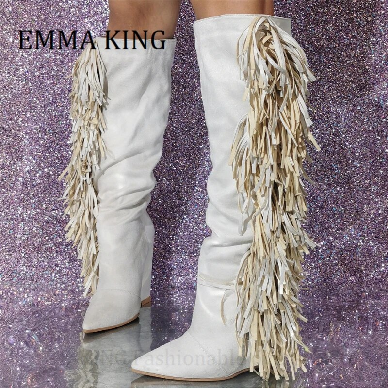 VCSHOES Women Wedge Heels Fringe Boots Pointed Toe Knee High Boots Tassel Botines De Mujer Big 46