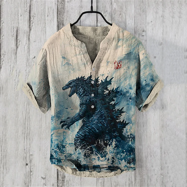 Japanese Godzilla Wave Art Print Henry Collar Shirt