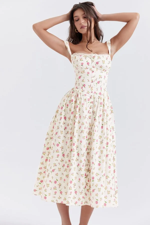 ROSE PRINT MIDI SUNDRESS