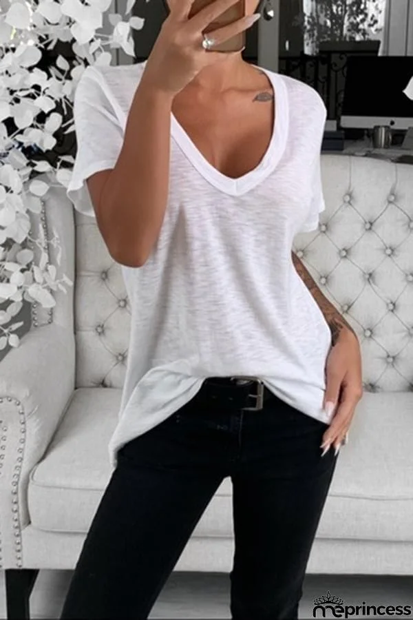 Solid Color V-neck Short Sleeve T-shirt