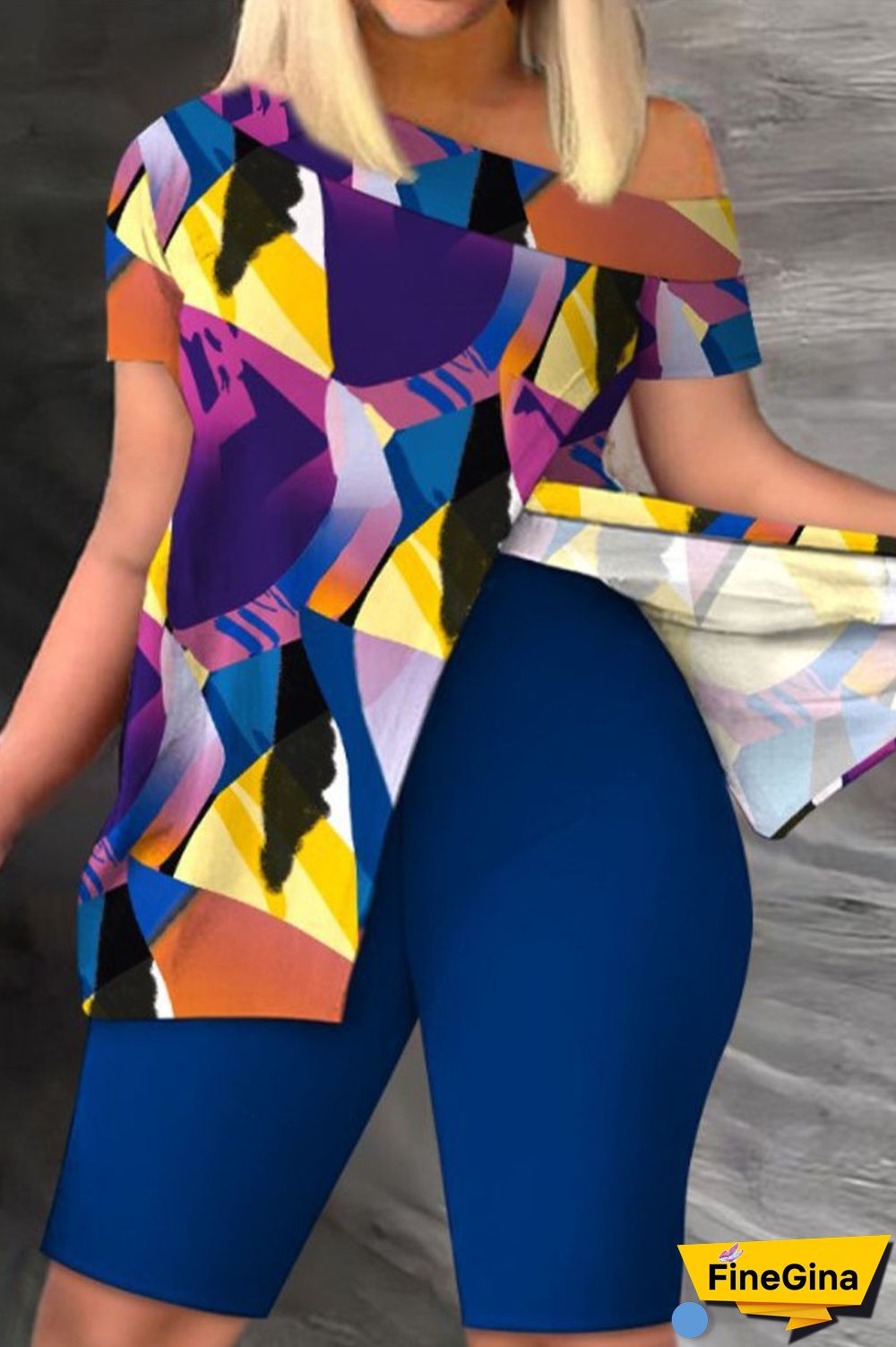 Colour Casual Work Street Print Patchwork Slit Oblique Collar Short Sleeve Two Pieces