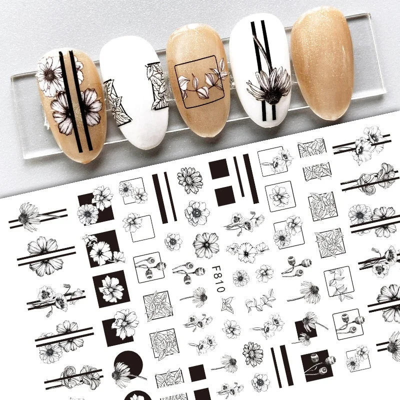 1pcs Black White 3D Nail Art Stickers Sliders Flowers Mandala Leaf Geometry Adhesive Nail Decals Foil Design Manicure-Nail Inspo