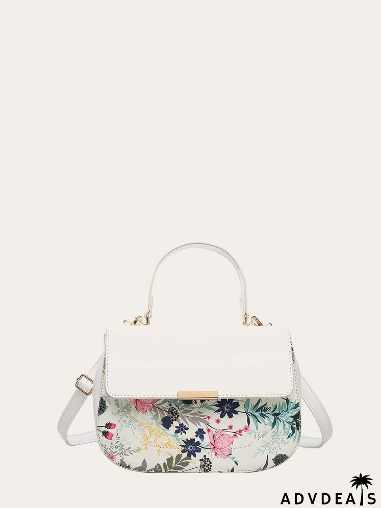 Floral Metal Decor Flap Satchel Bag