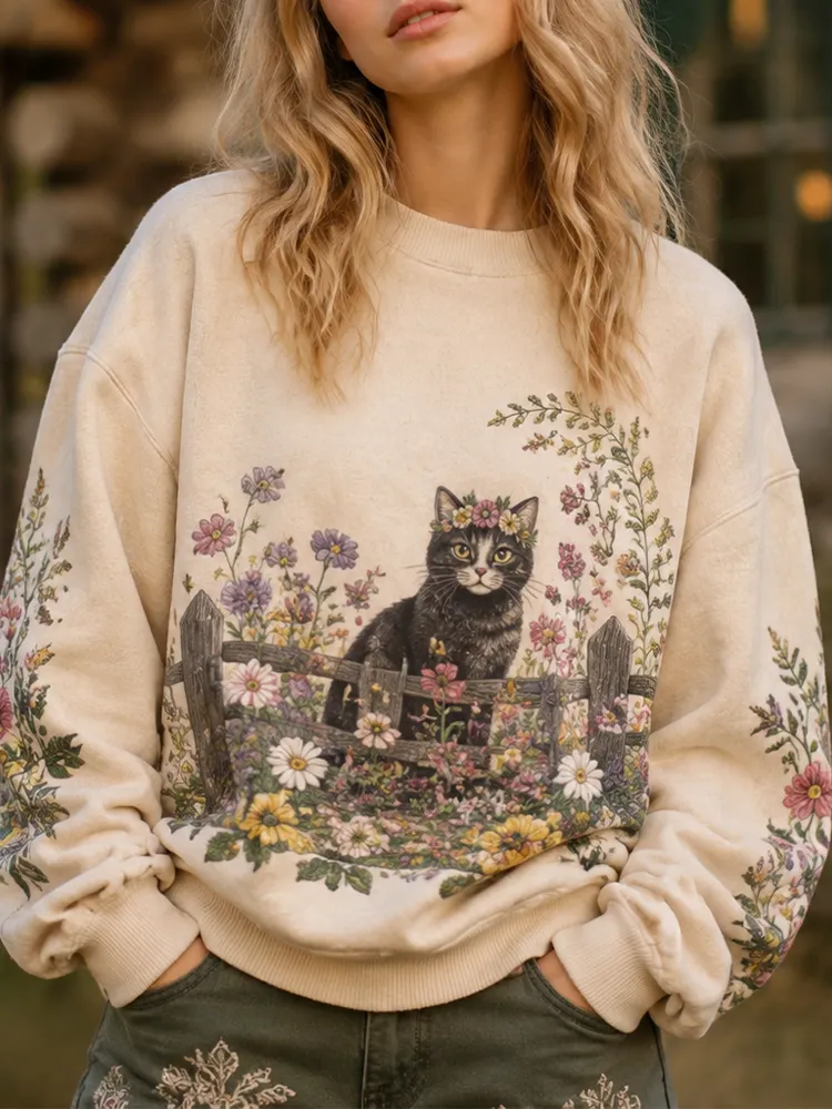 Comstylish Women's Garden Floral & Black Cat By Fence Print Crewneck Sweatshirt