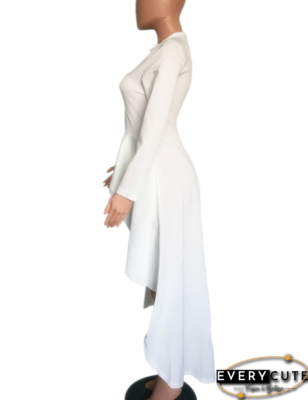 White Ruffle High Low Asymmetrical Long Sleeve T-Shirt Dress