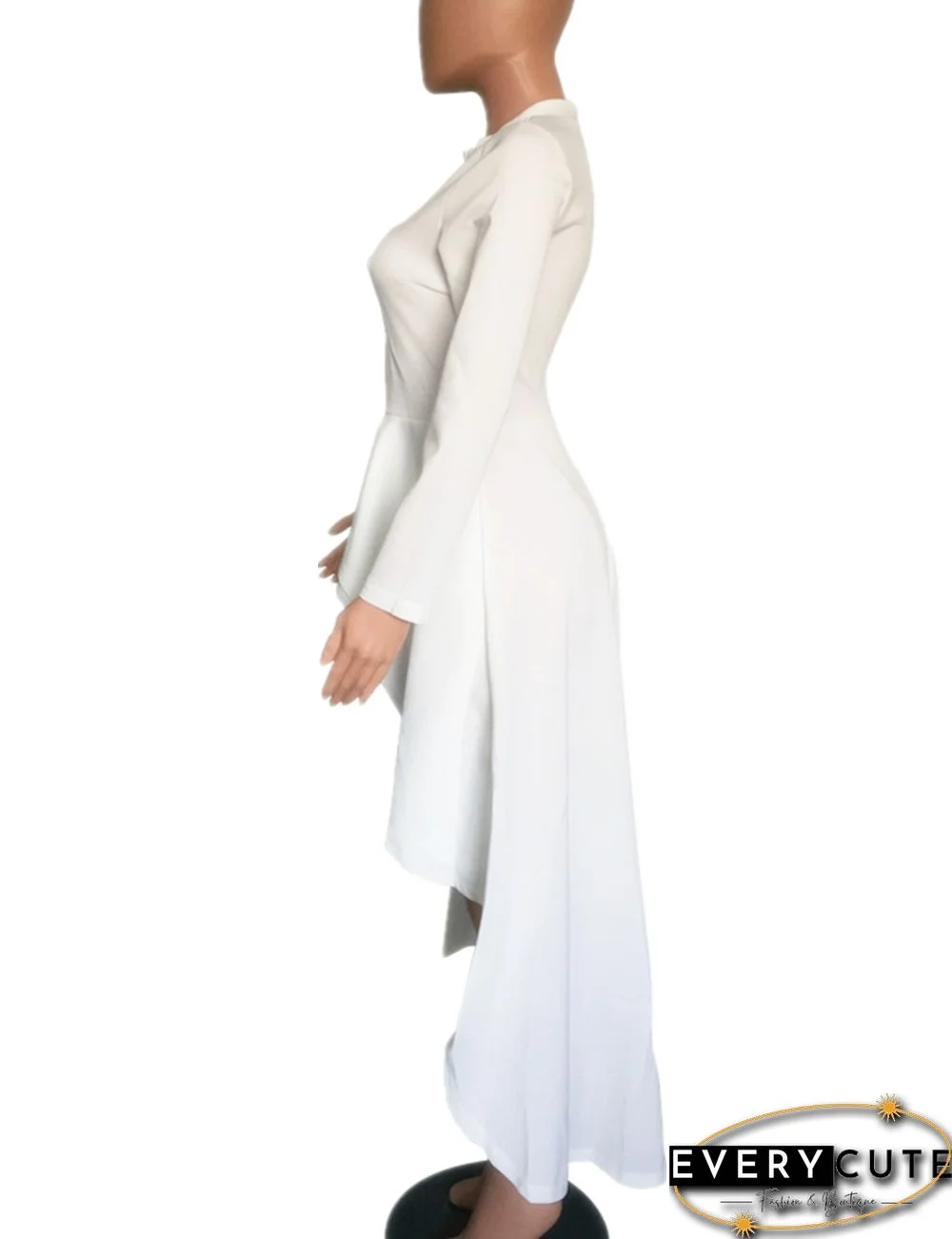 White Ruffle High Low Asymmetrical Long Sleeve T-Shirt Dress
