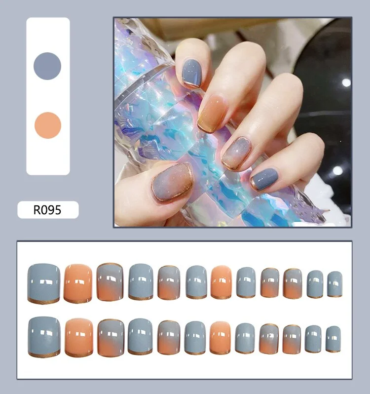 24pcs Gradient Amber Marble Texture Nails Art Long Trapezoid False Nails Wearable Fake Nails With Glue And Wearing Tools-Nail Inspo
