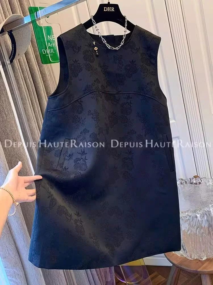 Ueong New Chinese Jacquard Pendant Black Satin Vest A-Shaped Dress For Children In Spring 2024