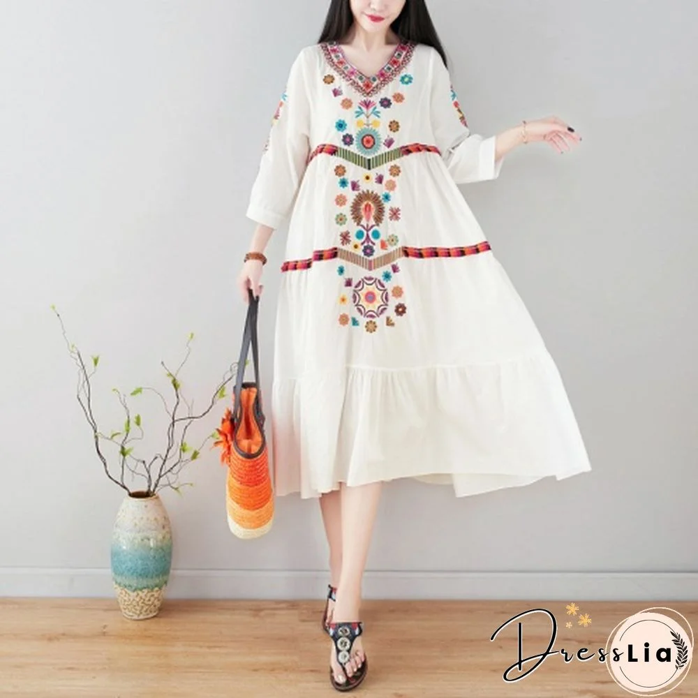 Women Dress Midi Linen Ethnic Floral Embroidery Tunic Beach Boho Holiday Hippie