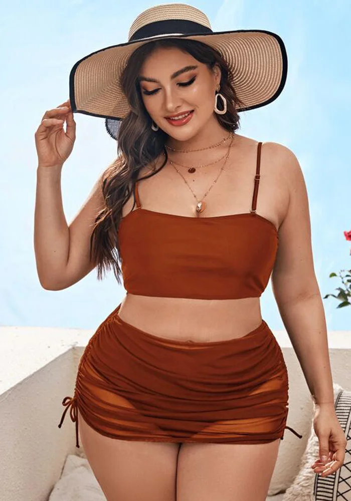 Straps Solid Cover Up Skirt Plus Size Three Piece Swimwear