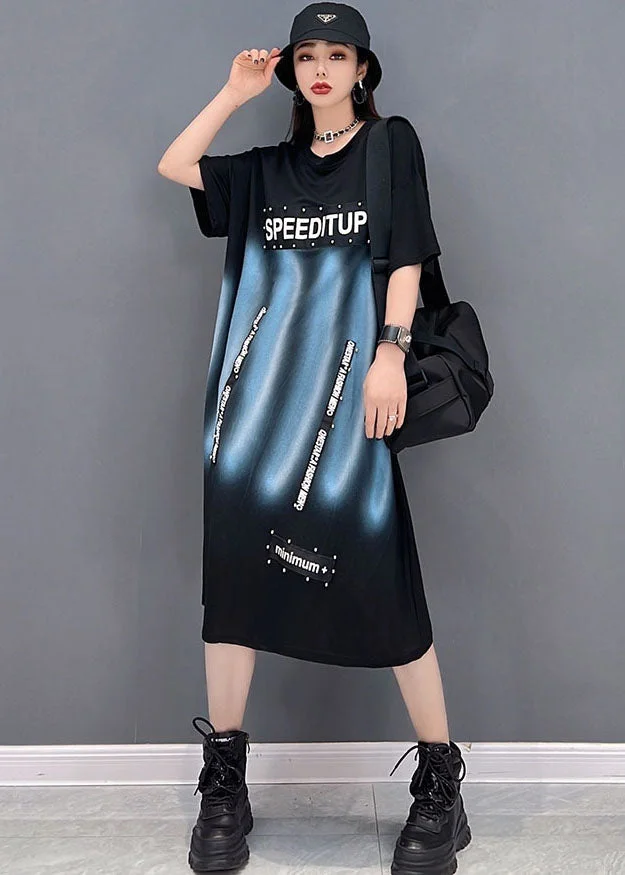 Fashion Black O-Neck Print Cotton Streetwear Dress Short Sleeve