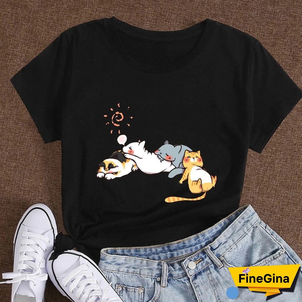 Cotton 100% Women's T Shirt Summer Short Sleeve Nap Cat Print Fashion Kawaii Female Clothes Casual O-Neck Tshirt Ladies Tee Tops