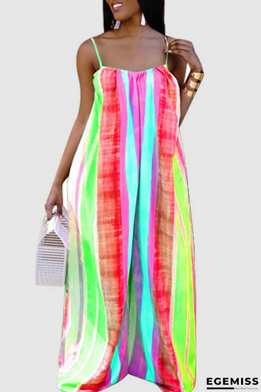 Red Casual Print Pocket Spaghetti Strap Loose Jumpsuits | EGEMISS