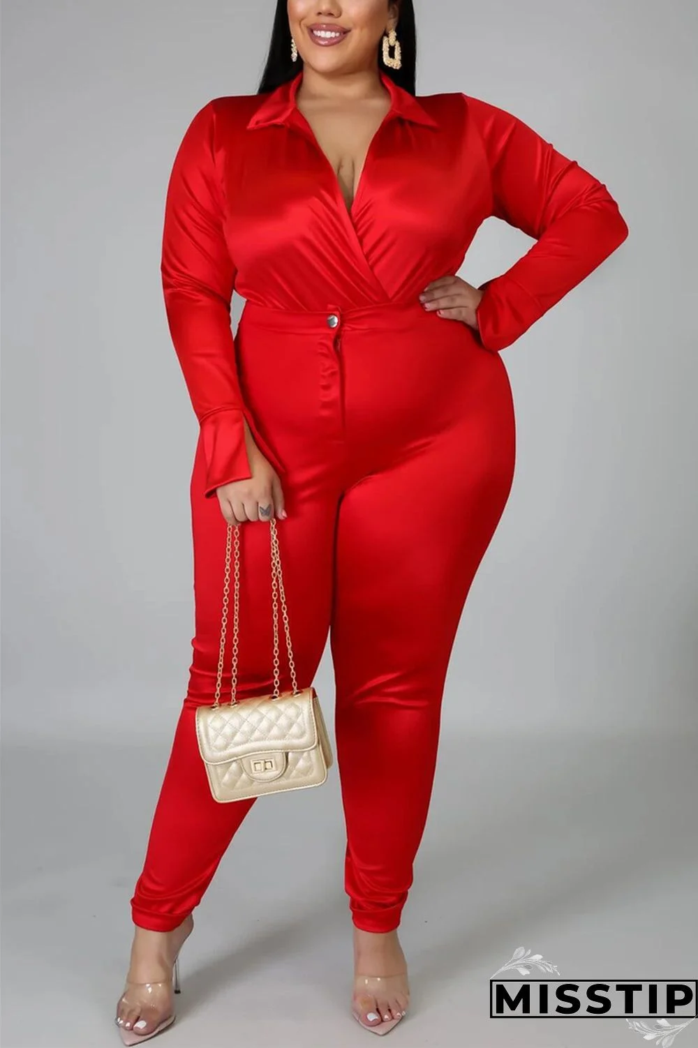 Blue Fashion Casual Solid Basic Turtleneck Plus Size Set