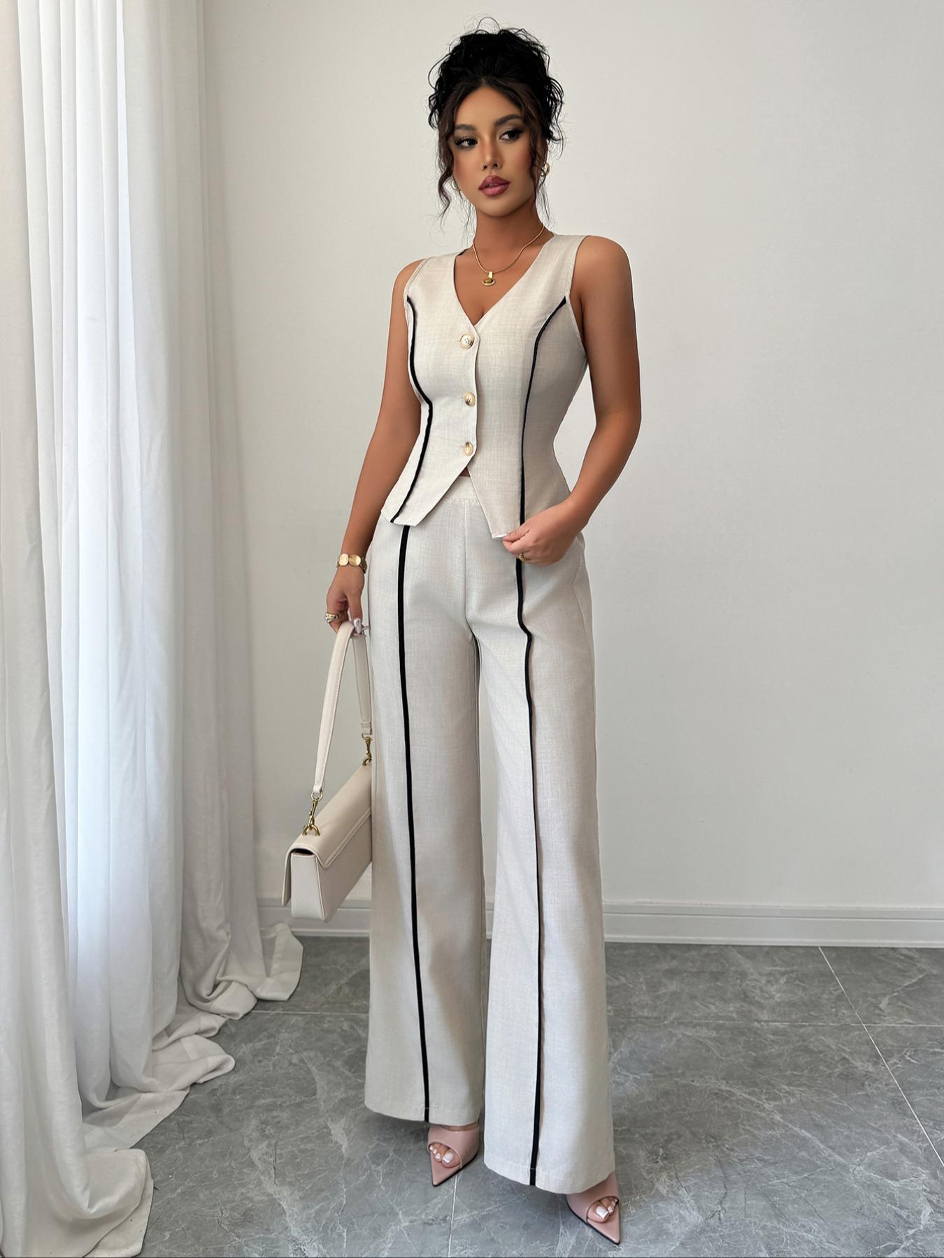 Colorblock V-Neck Sleeveless Button Vest Set Suits with Wide Leg Pants, Spring & Fall Fashion, Minimalist, Slim Fit, Plain Pattern, Natural Waist, Womenswear