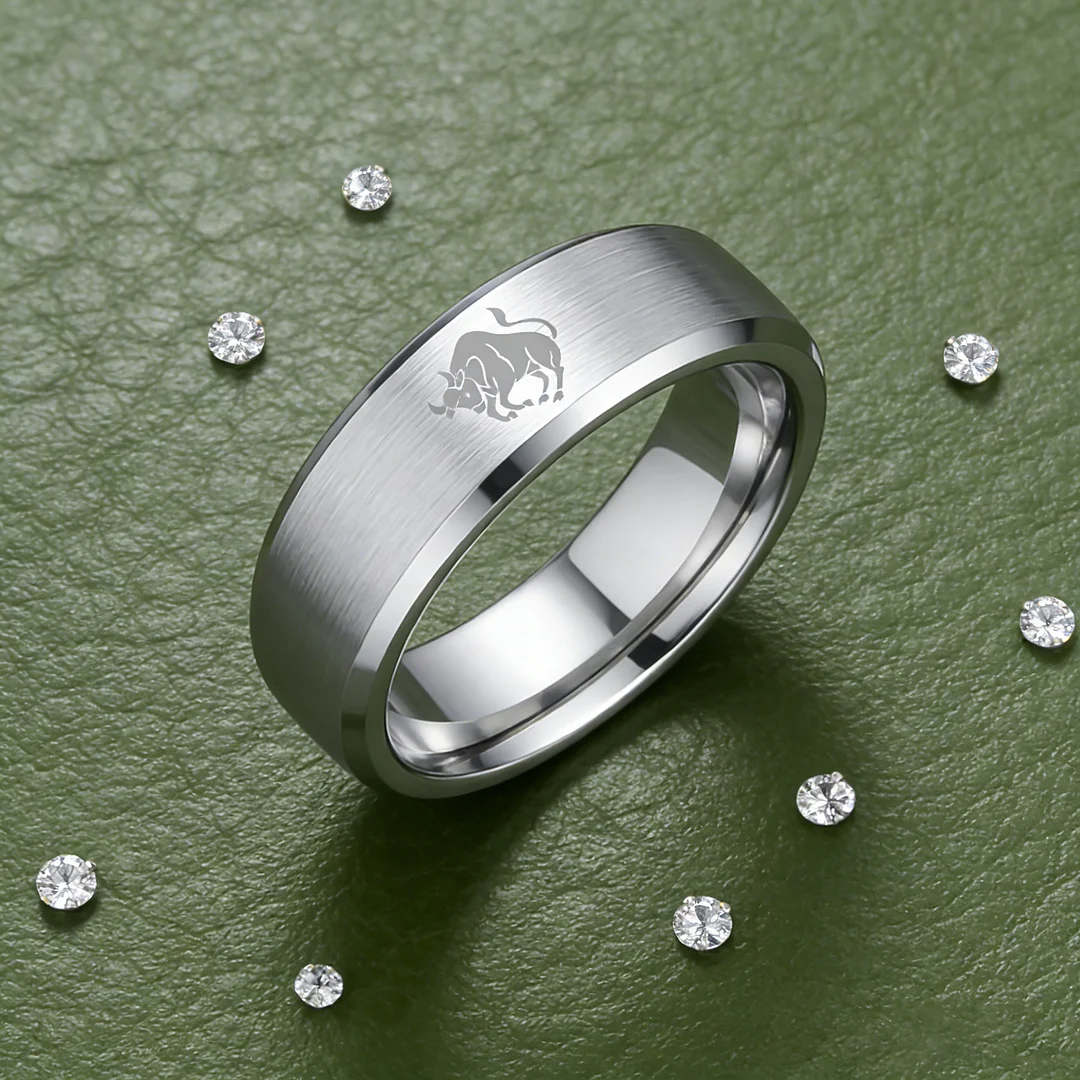 Mens Womens Sliver Taurus Tungsten Carbide Rings Sliver Edges and Laser Etched Wedding Bands Comfort Fit 4MM 6MM 8MM