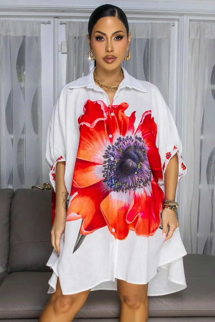 Turndown Collar Half Sleeve Floral Print High-Low Hem Mini Shirt Dresses-Red