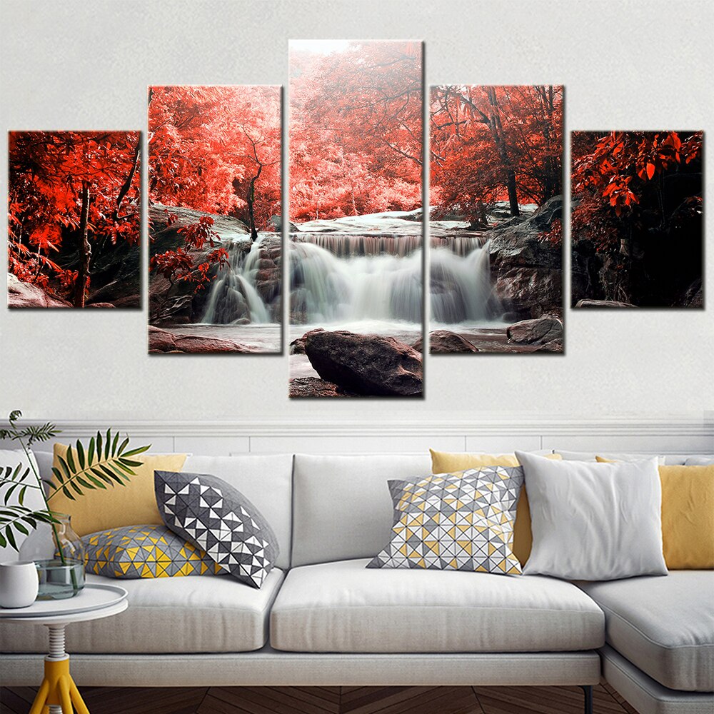 5 Pieces Wall Art Canvas Print Modren Home Decoration Accessories Poster Landscape Gorge Red Maple Leaf Painting Room Decor