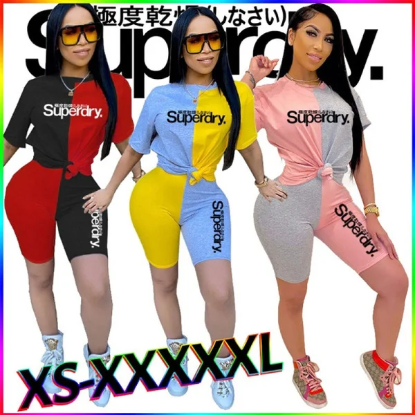 Women's Fashion Plus Size Women Short Suits New Short Sleeve O Neck Straight Letter Print Patchwork Sporting Casual Two Piece Set Outfits