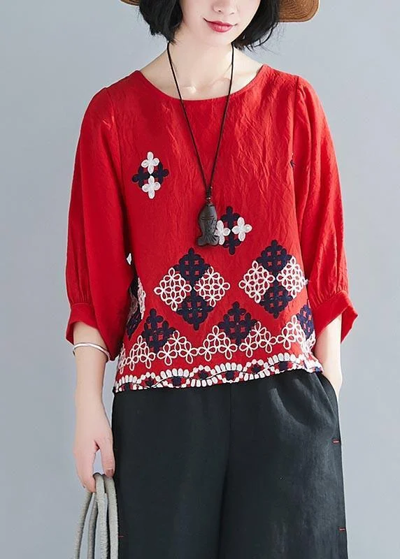 Unique Red Embroideried O-Neck Cotton Linen Summer Tops