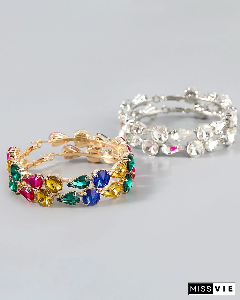 1Pair Waterdrop & Round Shaped Rhinestone Hoop Earrings