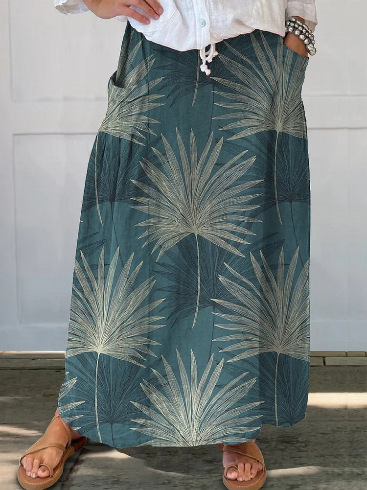 Summer Palm Leaves Seamless Repeat Pattern Printed Women's Linen Pocket Skirt