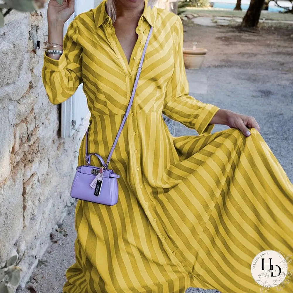 Womens Autumn Turndown Collar Long Dress Fashion Striped Print Single Breasted Ladies