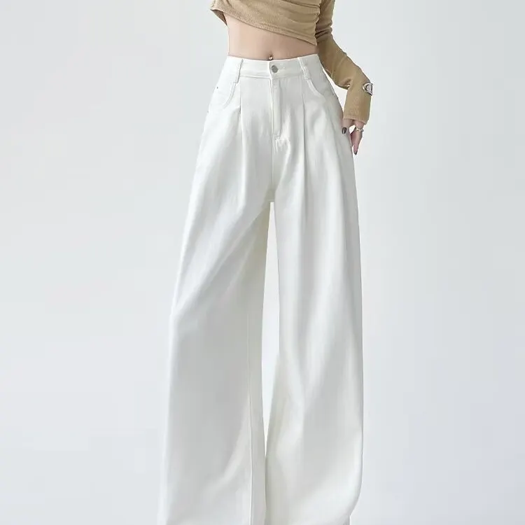 Women's White High-Waisted Pleated Wide-Leg Jeans