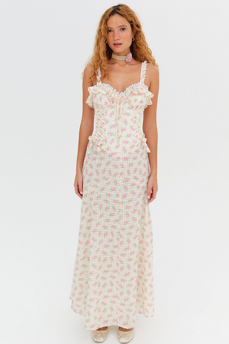 Ditsy Floral Print Lace Trim Cami Cinch Waist Maxi Dresses-Beige [Pre Order]