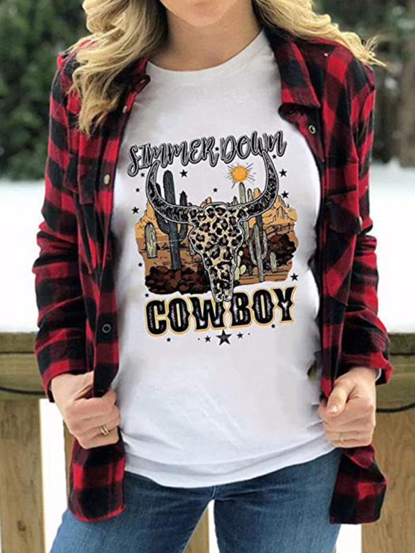 Mature Women Casual Short Sleeve Tops Highland Cow Western Cowboy Vintage Athletic T-Shirt
