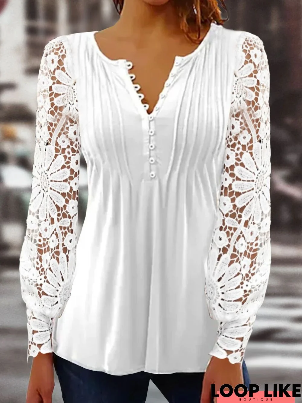 Plain Casual Patchwork lace Notched Tunic Top