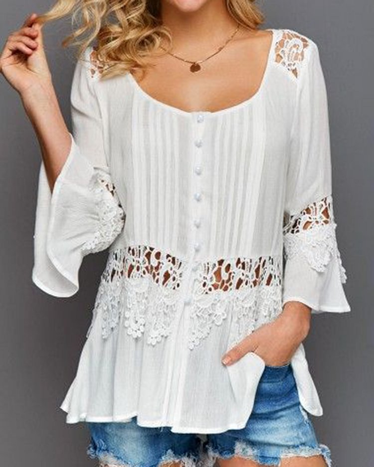 Casual lace stitching flared sleeve T-shirt