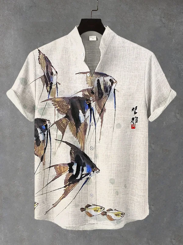 Men's Elegant Schools Of Fish Ink Art Print Short Sleeve Shirt