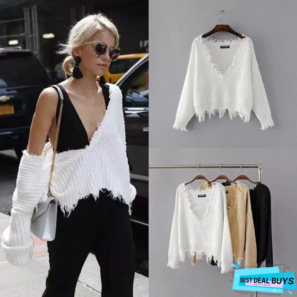 V Neck Fringed Loose Casual Fringed White Sweater