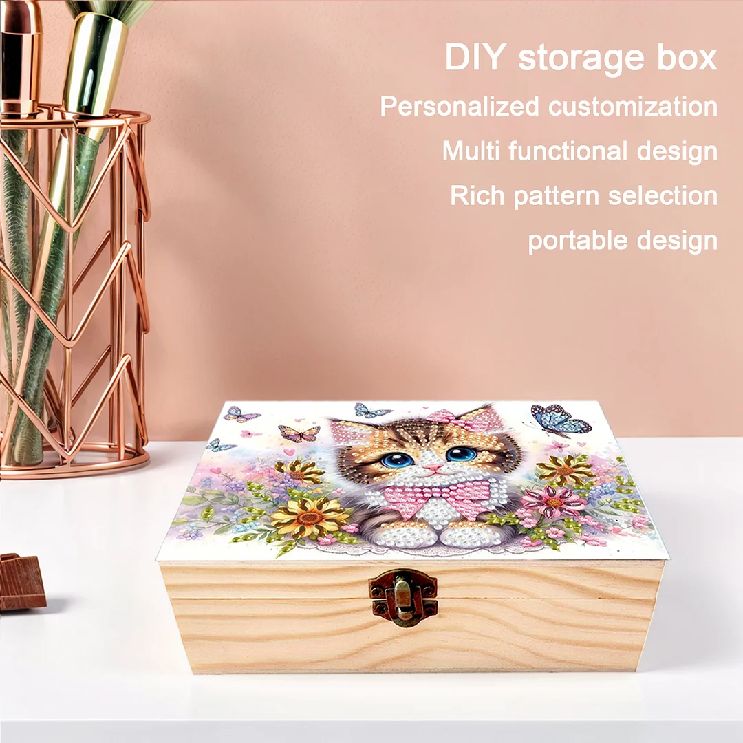 5D DIY Diamond Painting Handmade Wood Storage Box for Home Decor Craft (Cat)