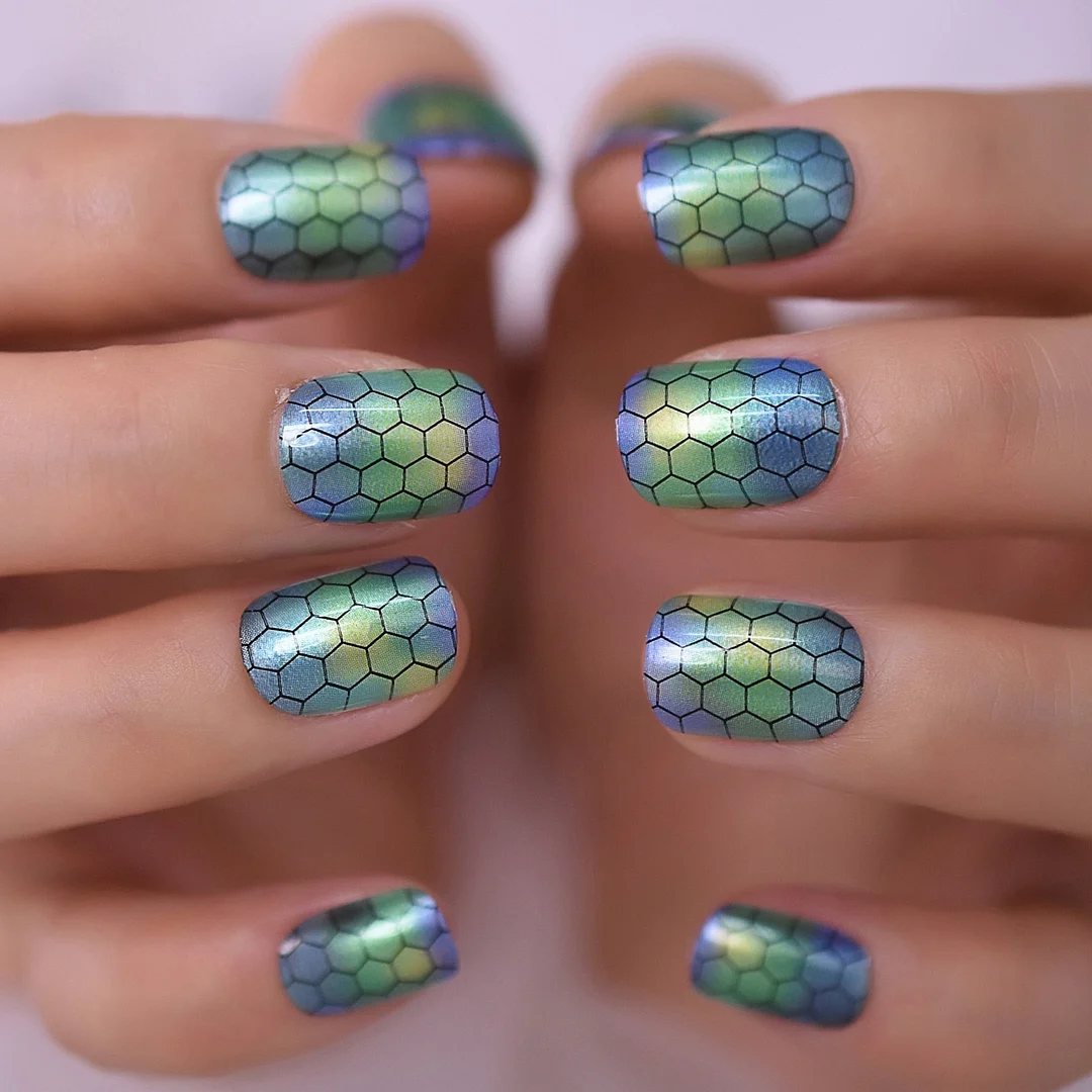 Iridescent White Instant French Nails Glitter Beveled Clear Short Square Fake Nail Art Tips Many Choice 24 Count 515-1-Nail Inspo