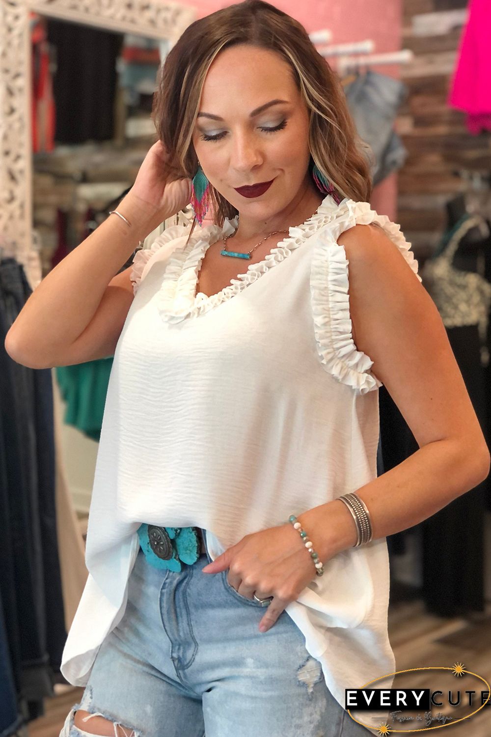Beige Frilled Trim V Neck Tank Top