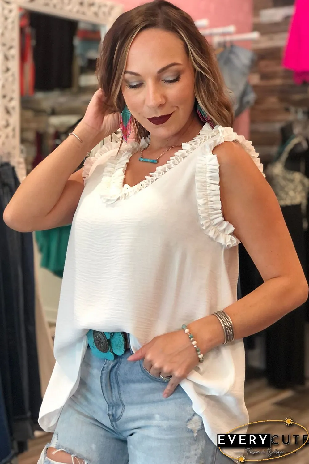 Beige Frilled Trim V Neck Tank Top