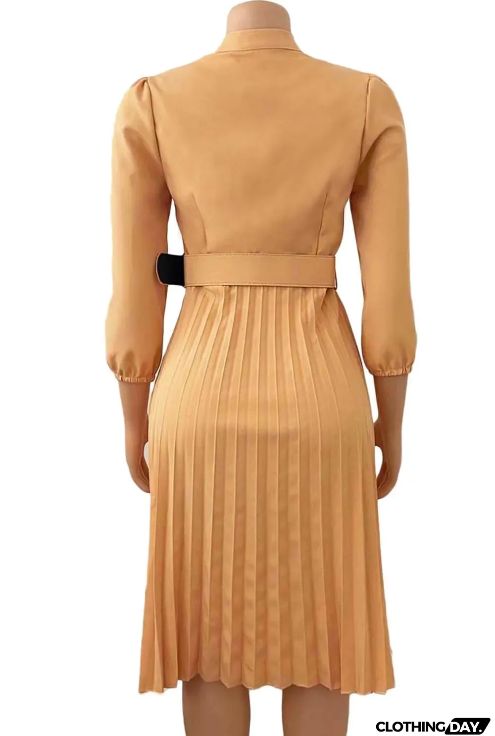 Autumn Professional Khaki Pleated Office Dress with Belt
