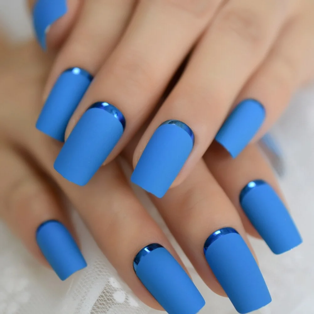 Blue Matte Square Opposite French Fake Tips Chrome Moo Fashion Medium Long Acrylic Nails Wholesale-Nail Inspo