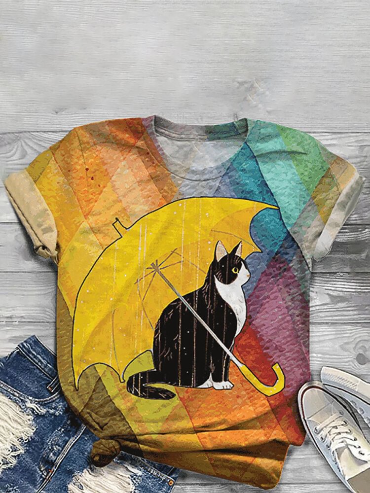 Cartoon Cat Umbrella Print O neck Short Sleeve Casual T shirt For Women P1797643