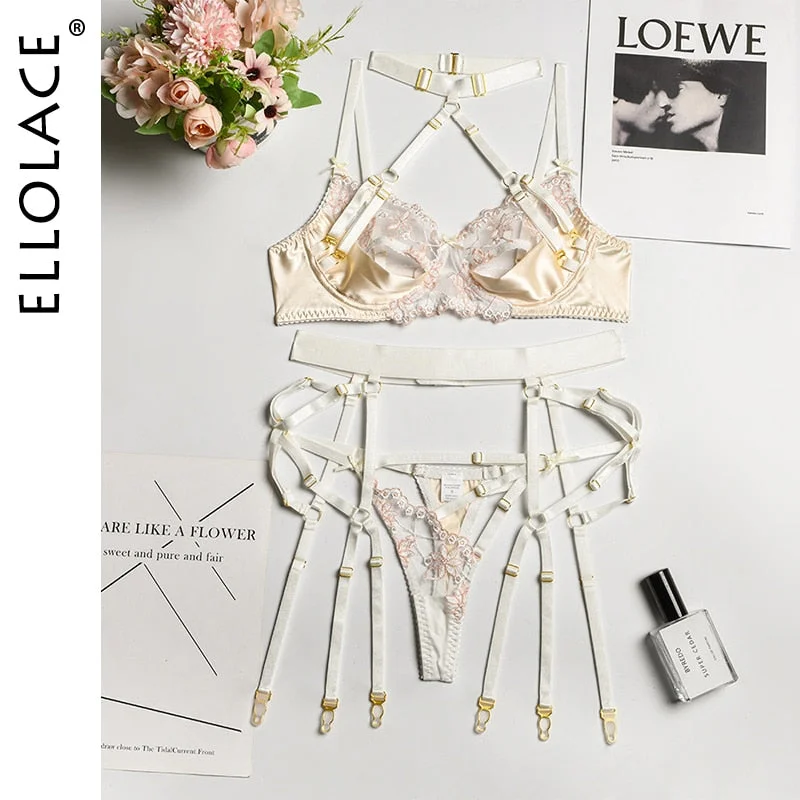 Ellolace Sensual Lingerie Erotic Halter Transparent Hollow Out Underwear Underwire Bra Lace Embroidery Bandage Exotic Sets