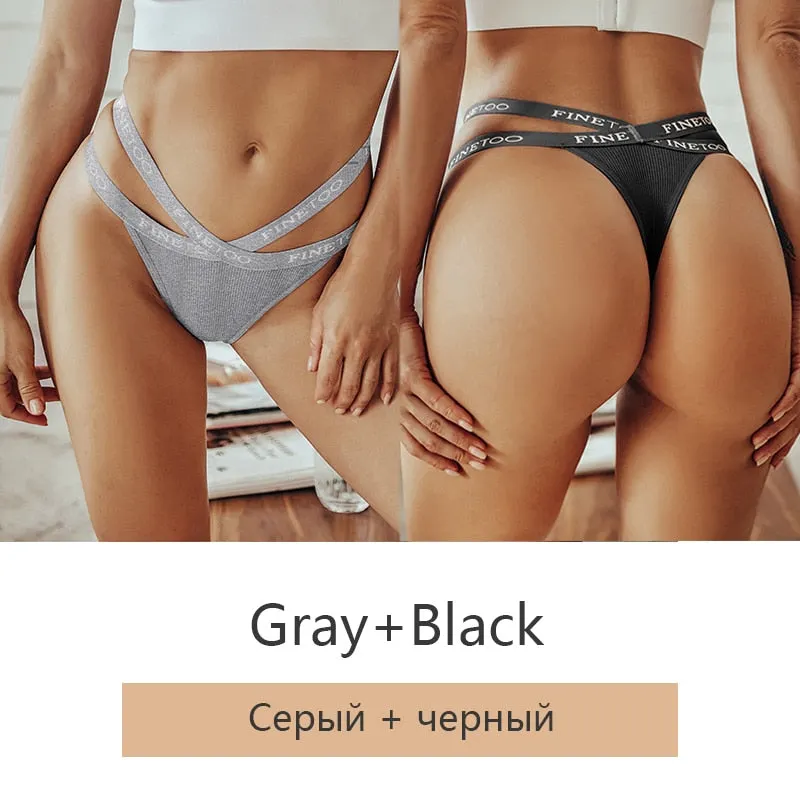FINETOO 2Pcs/set Sexy Thongs Women Cotton G-string Panties Letter Bikini Underwear Girls Cross Belt Low-rise Underpants Lingerie