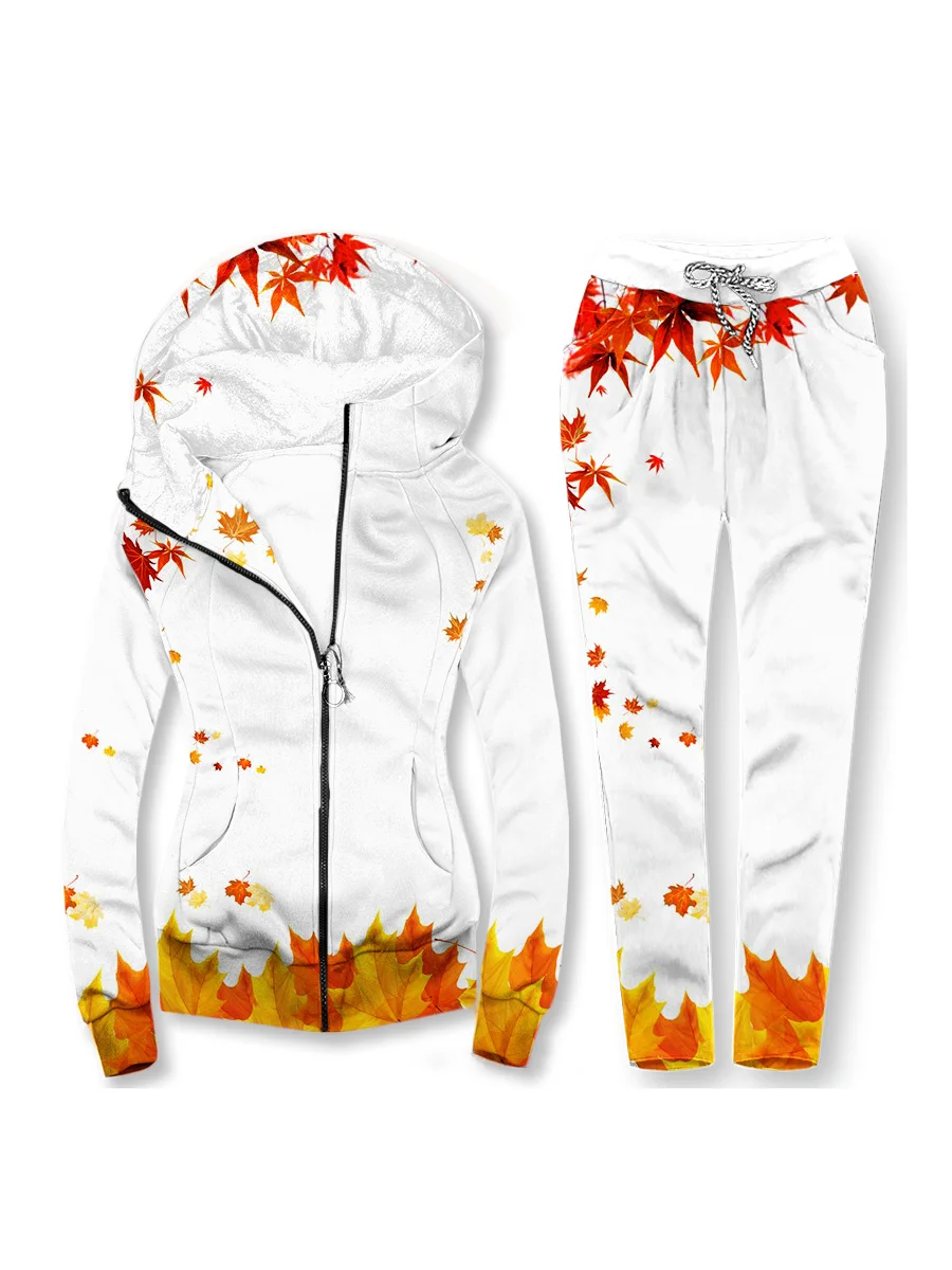 Women's Fall Maple Leaf Print Hoodie Set