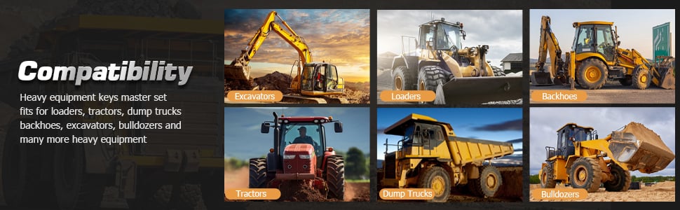 heavy equipment keys for loaders, tractors, dump trucks, backhoes, excavators, bulldozers