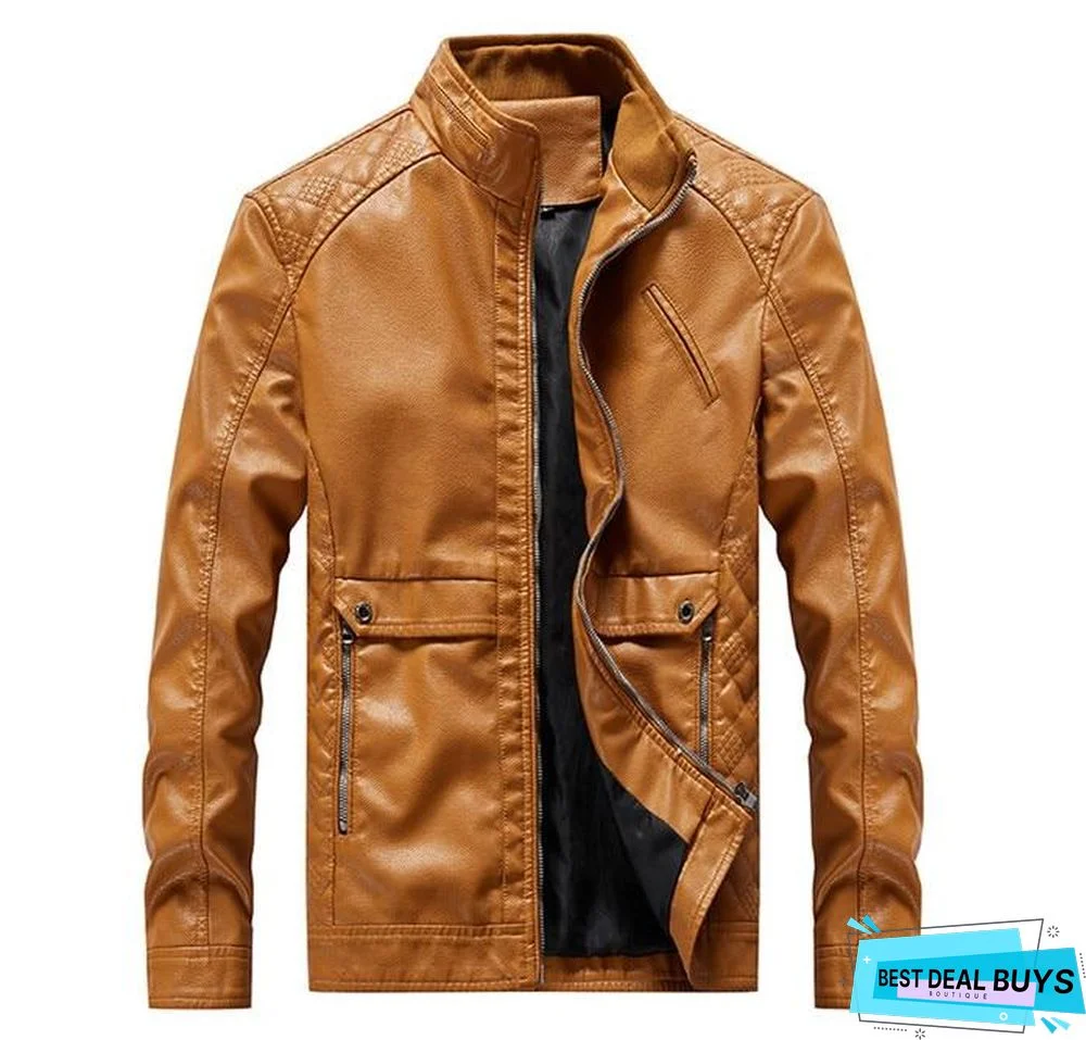 Mens Leather Jacket Fashion Vintage Leather Plus Size Stand Collar Coat